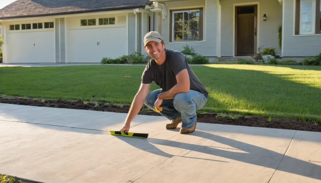 Fresh broom-finished concrete driveway beside a ranch home in Aurora with a homeowner checking the edge
