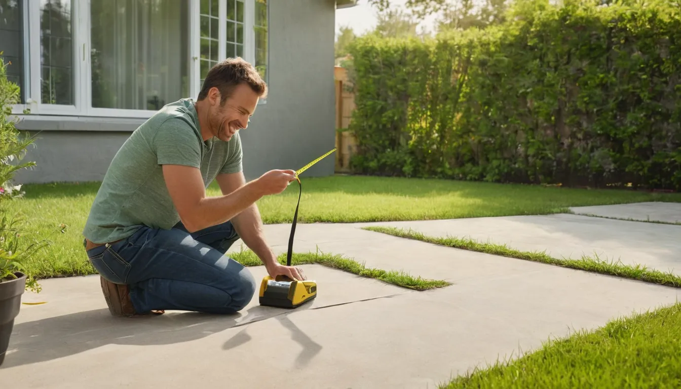 Homeowner checking a concrete patio for cracks in the Aurora area